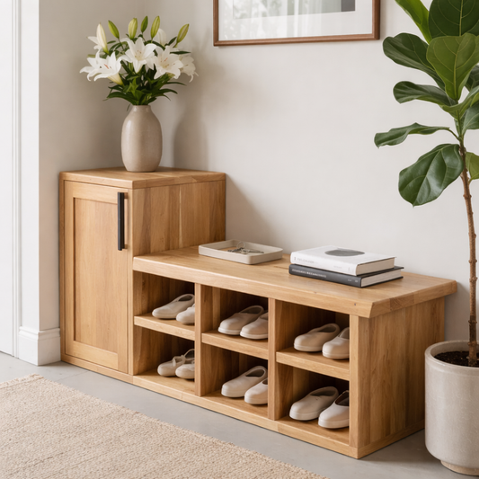 Solid Wood Shoe Storage Bench with Cabinet Door & Open Cubby Shelves – Entryway Shoe Organizer Bench