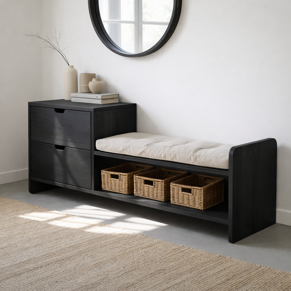 Solid Wood Entryway Storage Bench with Drawers, Cushion Seat & Basket Shelf – Shoe Storage Bench
