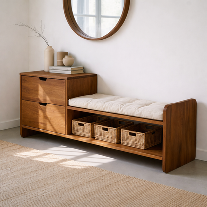 Solid Wood Entryway Storage Bench with Drawers, Cushion Seat & Basket Shelf – Shoe Storage Bench