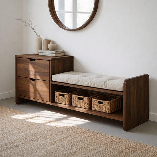 Solid Wood Entryway Storage Bench with Drawers, Cushion Seat & Basket Shelf – Shoe Storage Bench