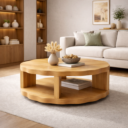 Round Solid Wood Coffee Table with Storage Shelf and Thick Slab Design