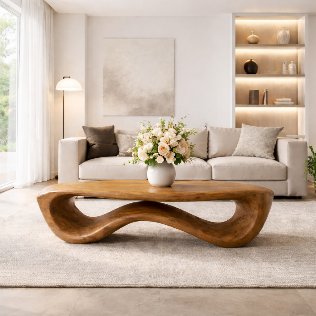 Organic Solid Wood Coffee Table with Sculptural Wave Base and Natural Finish