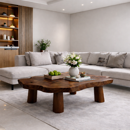Solid Wood Live Edge Coffee Table with Chunky Legs Rustic Organic Design