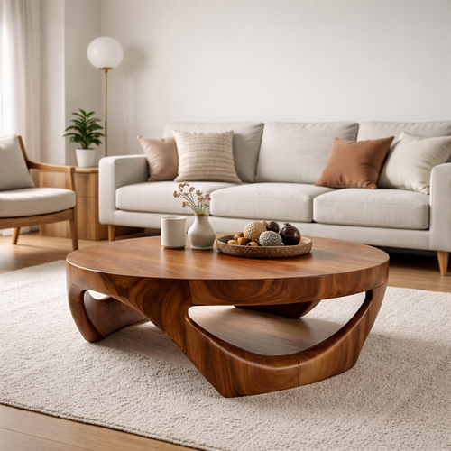 Round Solid Wood Coffee Table with Sculptural Base in Deep Walnut Finish