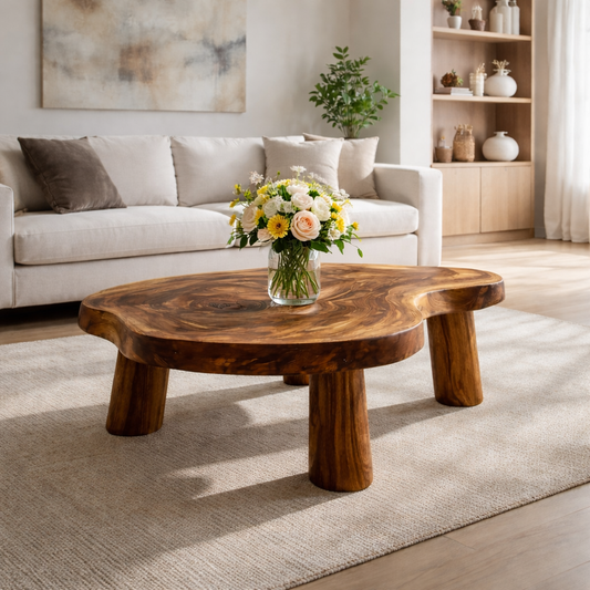 Live Edge Solid Wood Coffee Table with Chunky Legs in Warm Walnut Finish