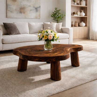 Live Edge Solid Wood Coffee Table with Chunky Legs in Warm Walnut Finish