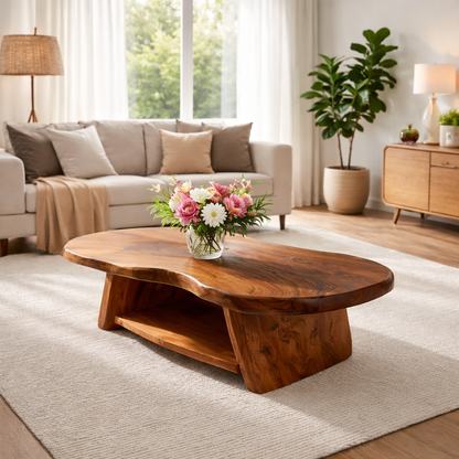 Organic Solid Wood Coffee Table with Sculpted Base in Light Natural Oak