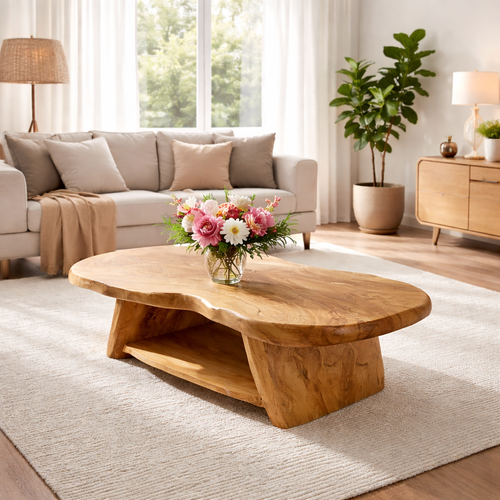 Organic Solid Wood Coffee Table with Sculpted Base in Light Natural Oak