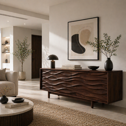 Solid Wood TV Stand with Sculpted Wave Carved Doors in Rich Walnut Finish