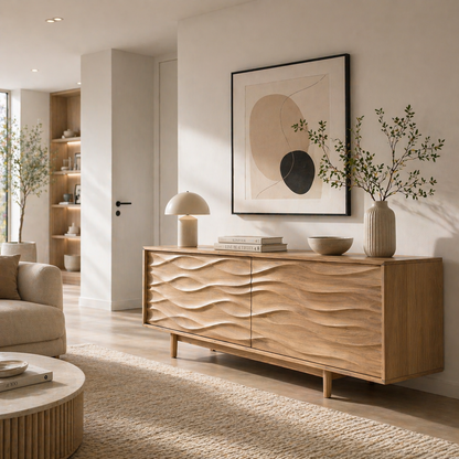 Solid Wood TV Stand with Sculpted Wave Carved Doors in Rich Walnut Finish