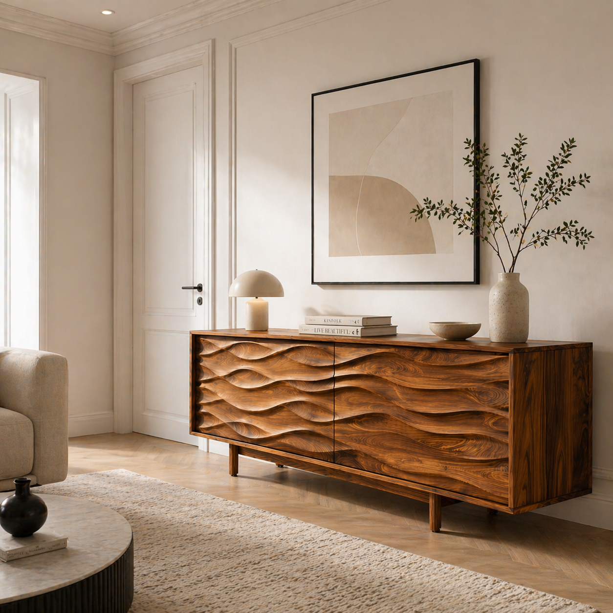 Solid Wood TV Stand with Sculpted Wave Carved Doors in Rich Walnut Finish