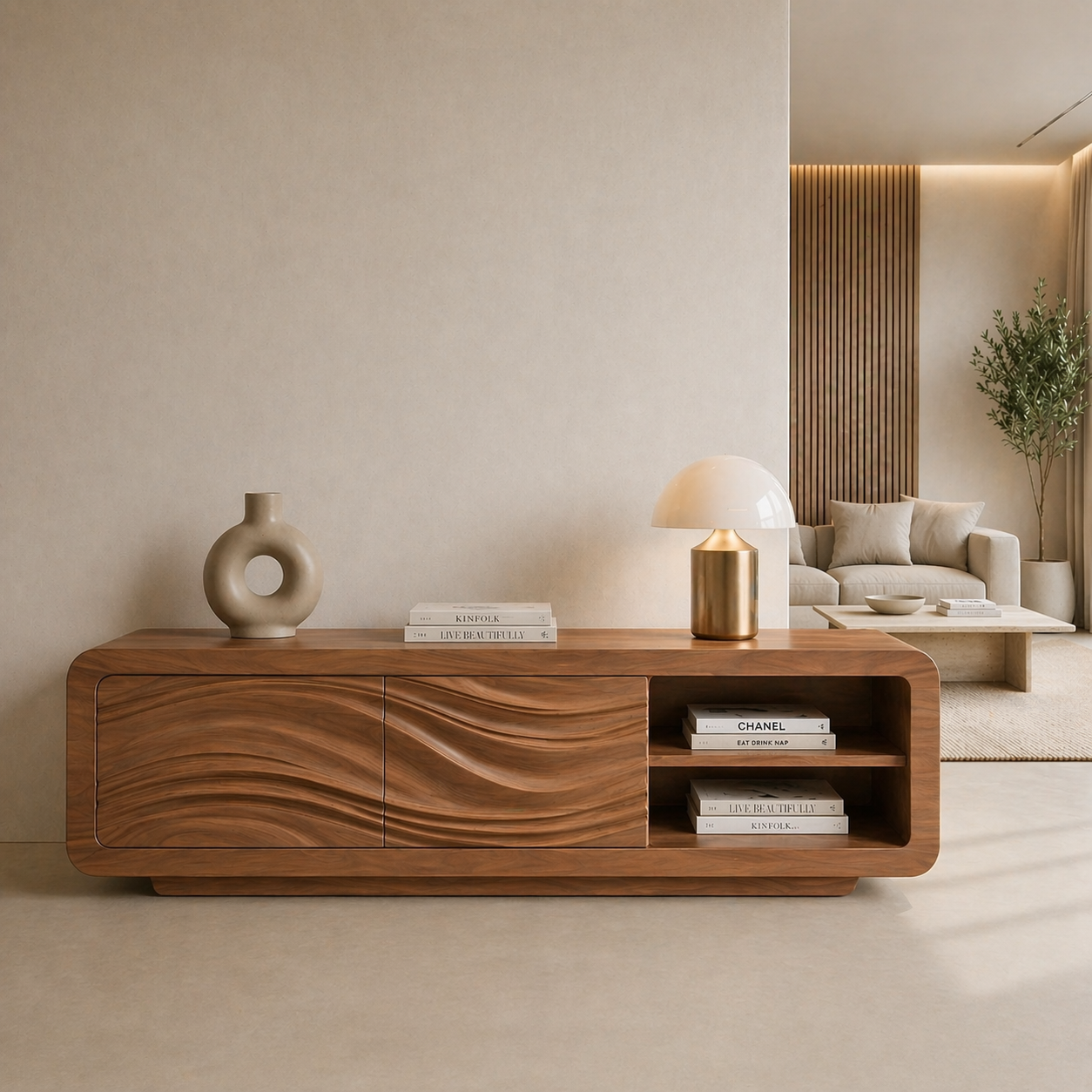 Solid Wood TV Stand with Wave Carved Doors and Open Shelf in Walnut Finish