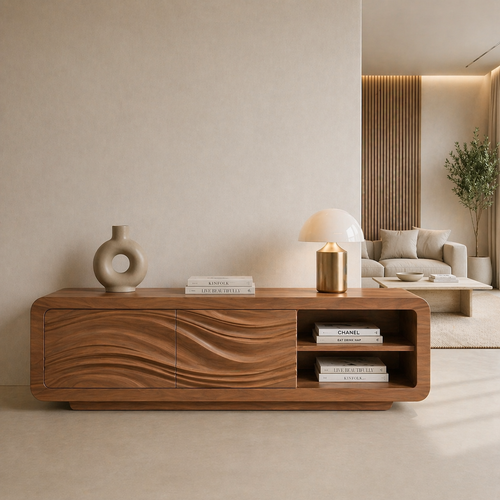 Solid Wood TV Stand with Wave Carved Doors and Open Shelf in Walnut Finish