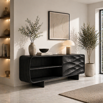Solid Wood TV Stand with Curved Frame and Wave Carved Door in Walnut Finish