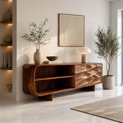 Solid Wood TV Stand with Curved Frame and Wave Carved Door in Walnut Finish