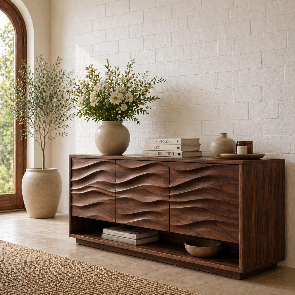 Solid Wood Console Table with Wave Carved Doors and Open Shelf in Walnut Finish