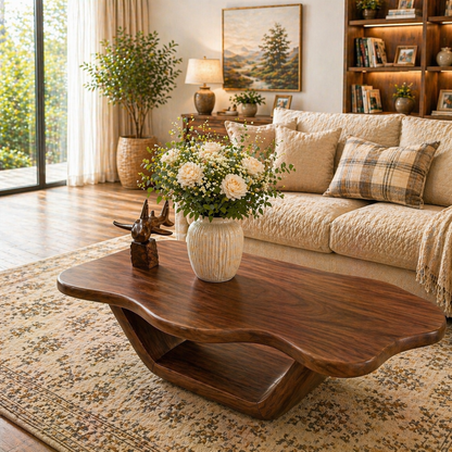 Solid Wood Coffee Table with Organic Curved Top and Sculptural Base