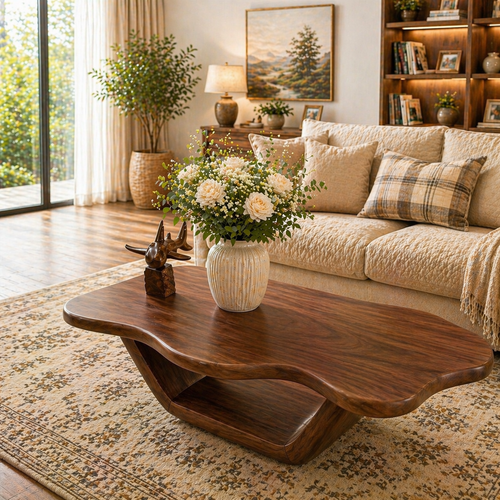 Solid Wood Coffee Table with Organic Curved Top and Sculptural Base