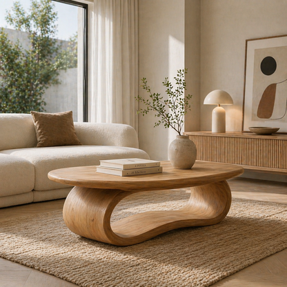 Solid Wood Coffee Table with Sculptural Loop Base and Organic Top