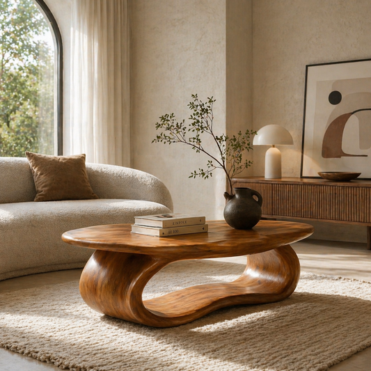 Solid Wood Coffee Table with Sculptural Loop Base and Organic Top
