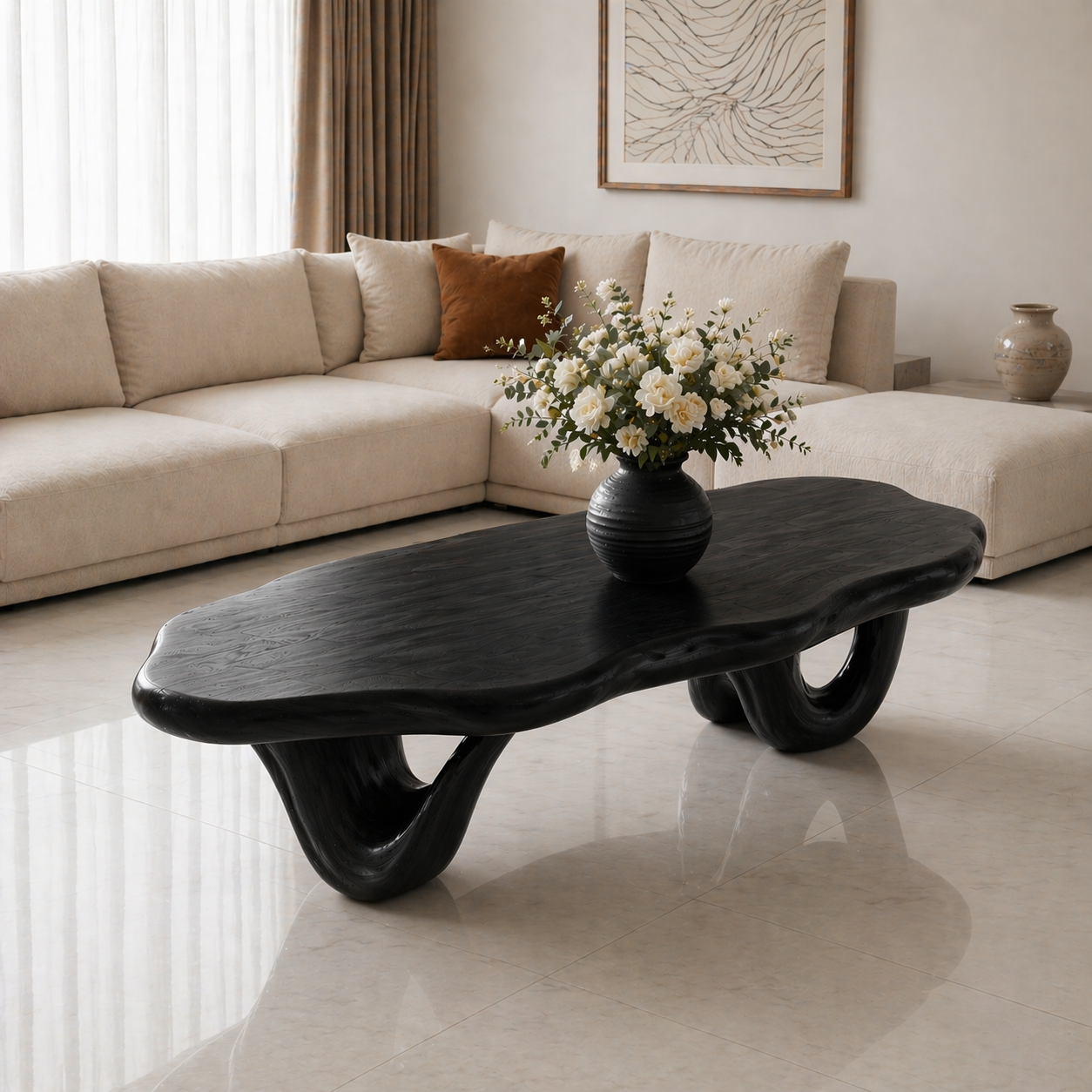 Solid Wood Coffee Table with Live Edge Top and Sculptural Loop Base