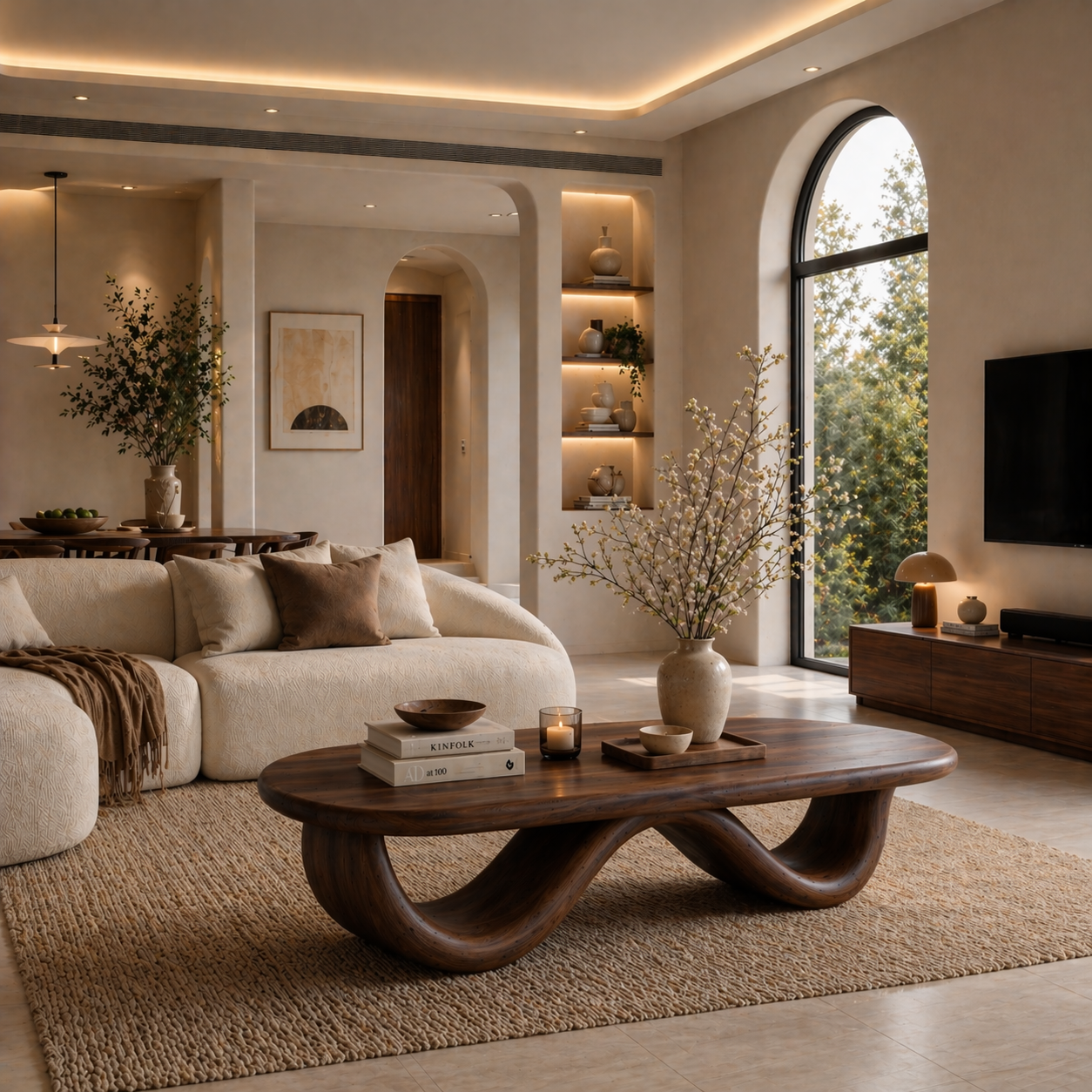 Solid Wood Coffee Table with Curved Sculptural Base and Organic Top