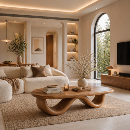 Solid Wood Coffee Table with Curved Sculptural Base and Organic Top