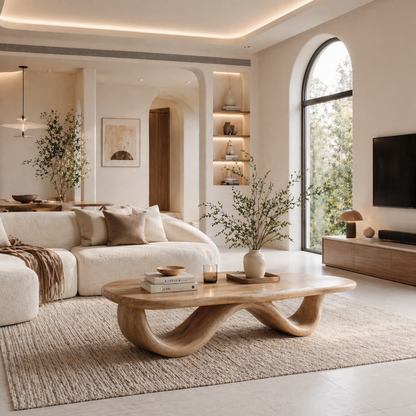 Solid Wood Coffee Table with Curved Sculptural Base and Organic Top