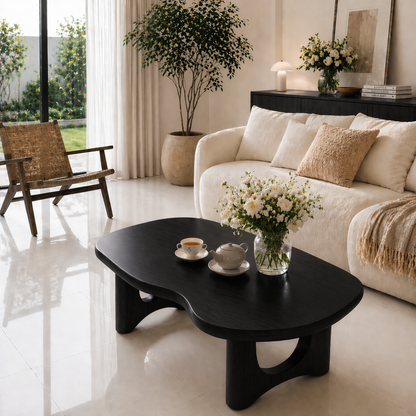 Solid Wood Coffee Table with Organic Shape and Sculpted Base