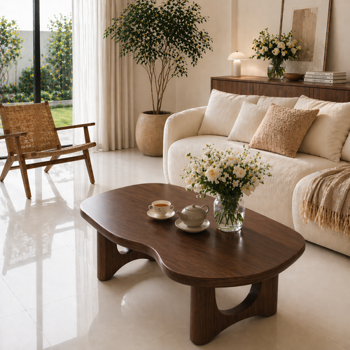 Solid Wood Coffee Table with Organic Shape and Sculpted Base