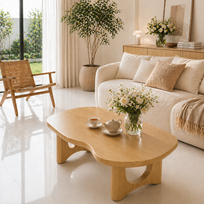 Solid Wood Coffee Table with Organic Shape and Sculpted Base