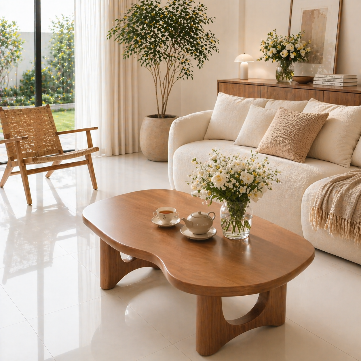 Solid Wood Coffee Table with Organic Shape and Sculpted Base