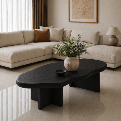 Solid Wood Coffee Table with Organic Shape and Thick Block Base