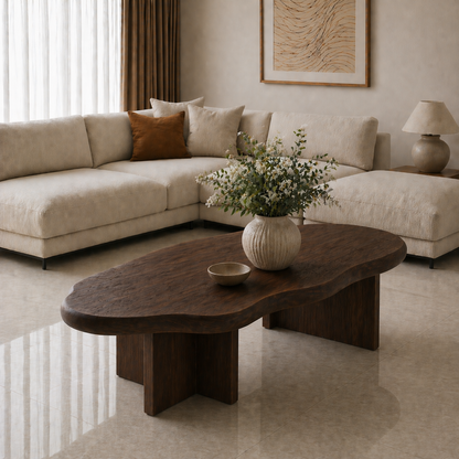 Solid Wood Coffee Table with Organic Shape and Thick Block Base