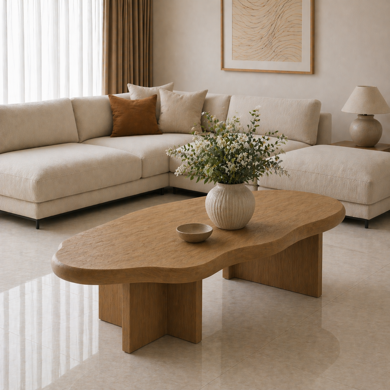 Solid Wood Coffee Table with Organic Shape and Thick Block Base