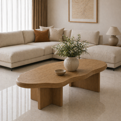 Solid Wood Coffee Table with Organic Shape and Thick Block Base