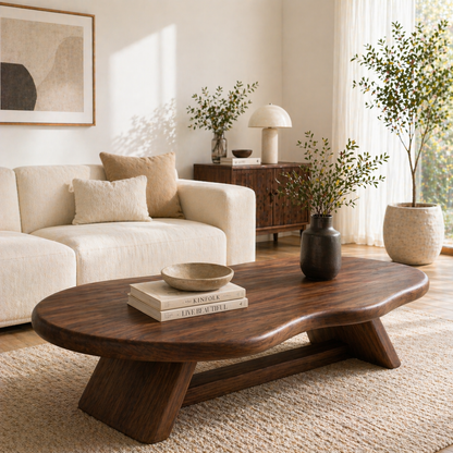 Solid Wood Coffee Table with Organic Oval Top and Angled Base