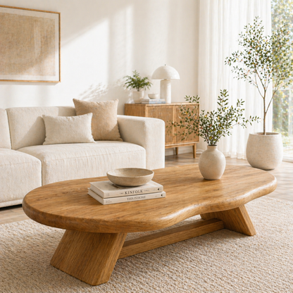 Solid Wood Coffee Table with Organic Oval Top and Angled Base