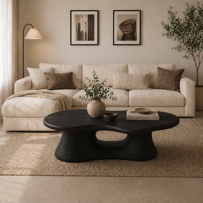 Solid Wood Coffee Table with Sculpted Base and Organic Top