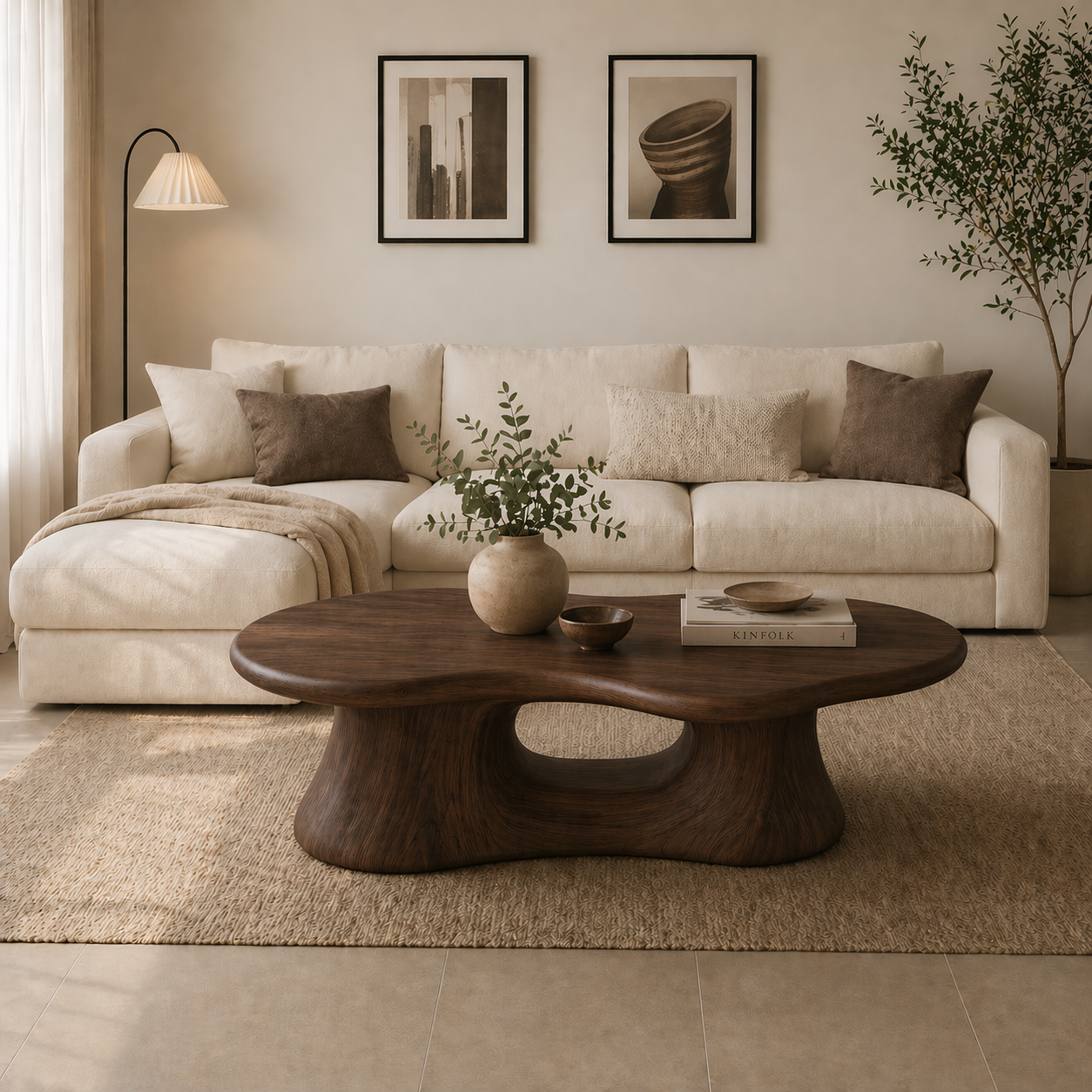Solid Wood Coffee Table with Sculpted Base and Organic Top