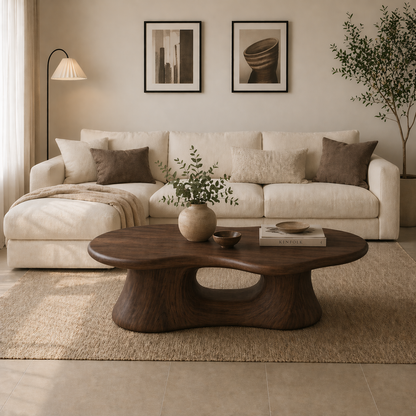 Solid Wood Coffee Table with Sculpted Base and Organic Top