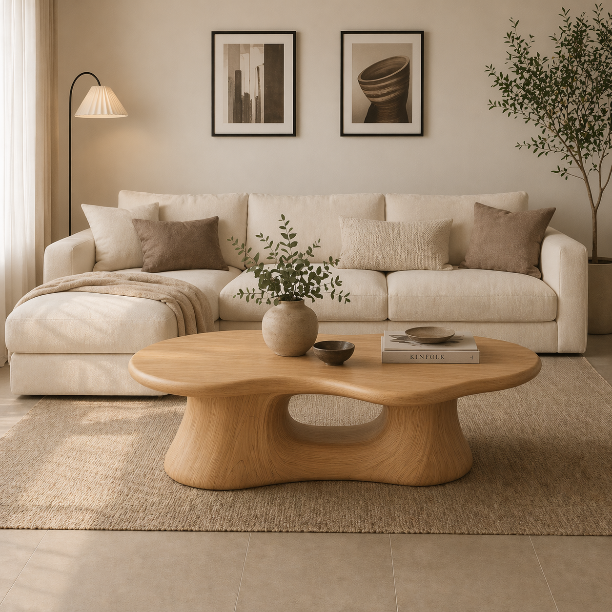 Solid Wood Coffee Table with Sculpted Base and Organic Top