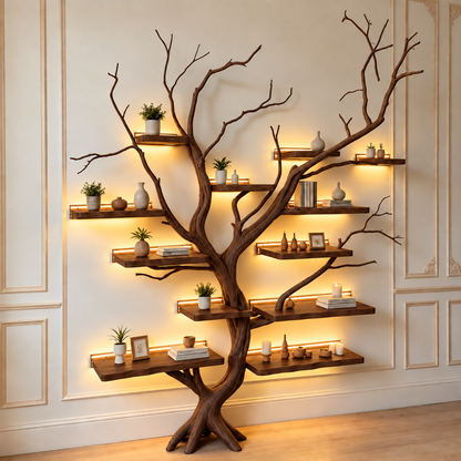Handcrafted Solid Wood Tree Bookshelf with Branch Shelves