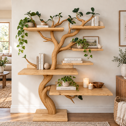 Handcrafted Solid Wood Tree Bookshelf with Natural Branch Design