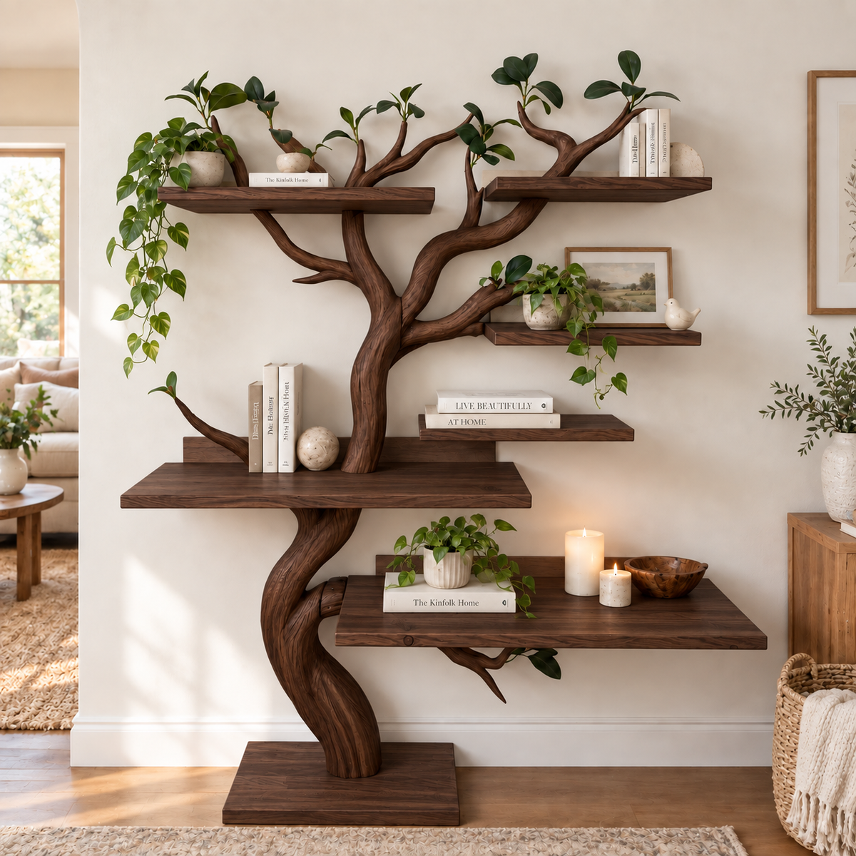Handcrafted Solid Wood Tree Bookshelf with Natural Branch Design