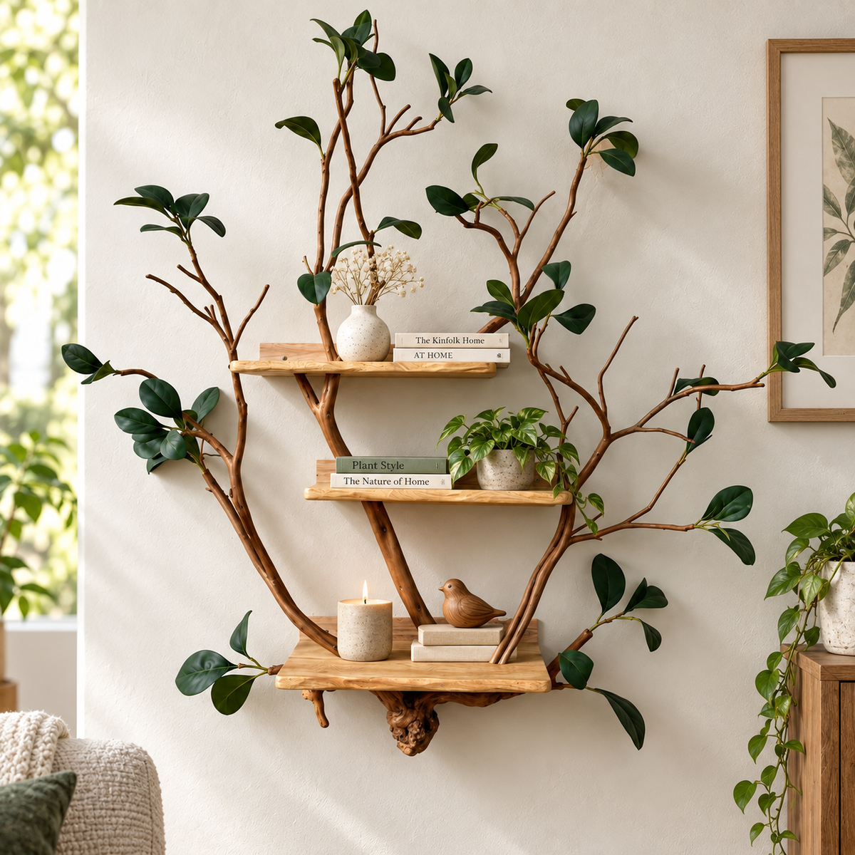 Handcrafted Solid Wood Branch Wall Bookshelf