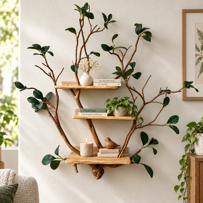 Handcrafted Solid Wood Branch Wall Bookshelf