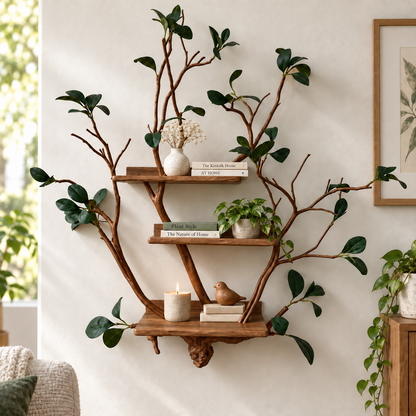 Handcrafted Solid Wood Branch Wall Bookshelf