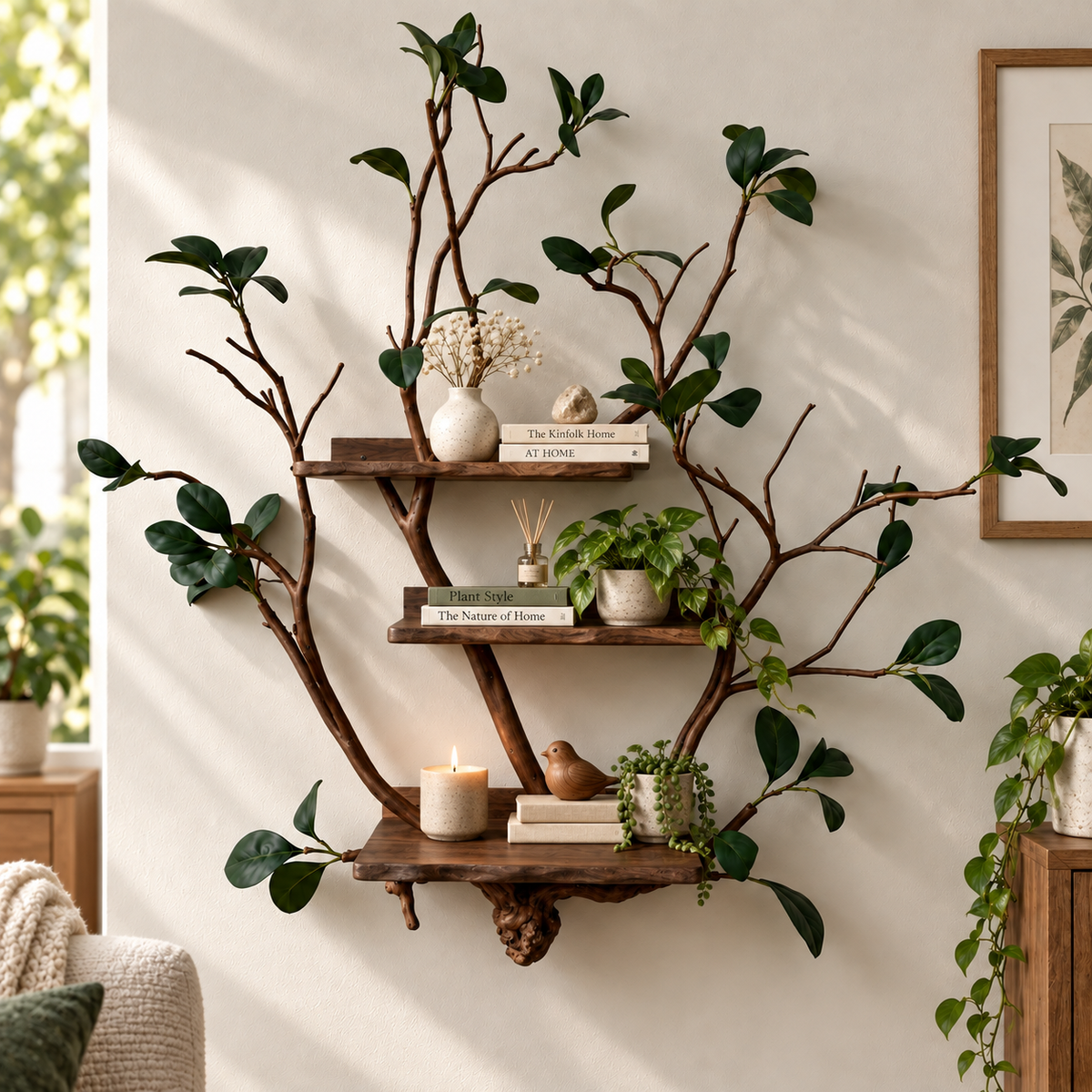 Handcrafted Solid Wood Branch Wall Bookshelf
