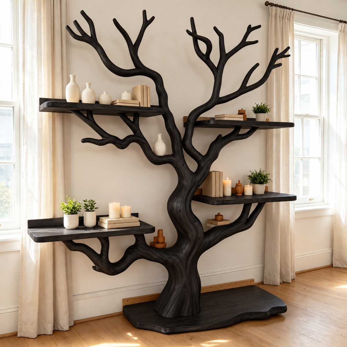 Handcrafted Solid Wood Tree Bookshelf Freestanding Branch Display Shelf